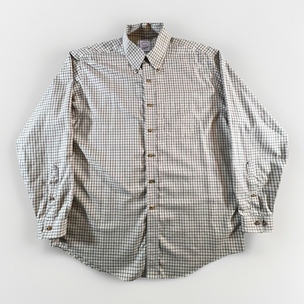Brooks Brothers Button Down Shirt Mens Large Beige Tattersall Traditional Fit